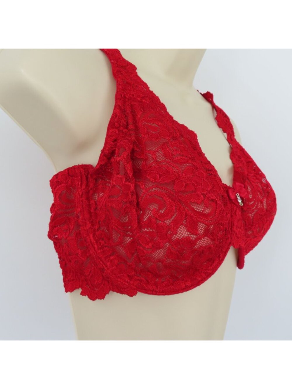 Secret Treasures 38D Bra Rhinestone Sheer Solid Red Lace Mesh Underwire Unlined - Picture 2 of 15